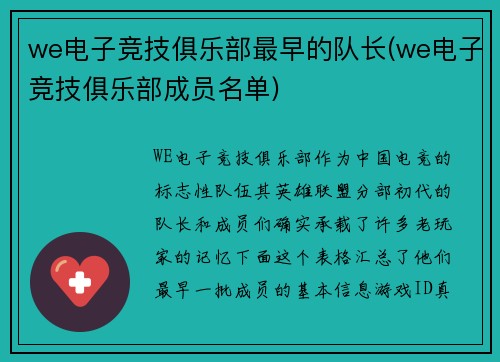 we电子竞技俱乐部最早的队长(we电子竞技俱乐部成员名单)