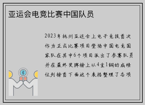 亚运会电竞比赛中国队员
